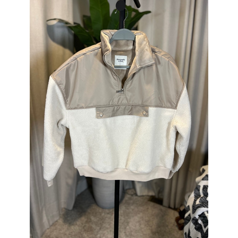 Abercrombie & Fitch Womens Cream Tan Sherpa Fleece Quarter Zip Pullover Small